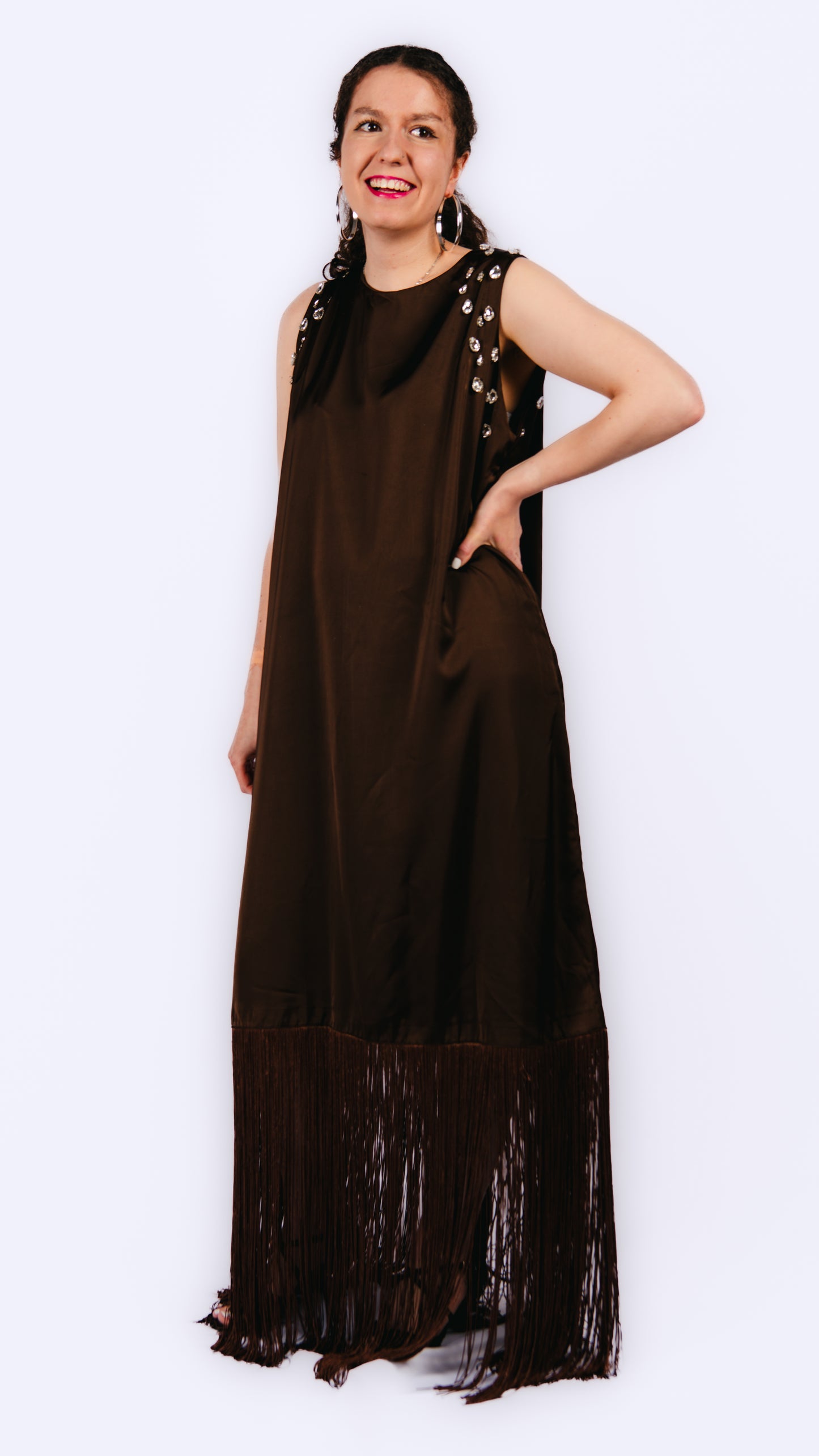 Hanameel brown maxi dress with fringe and rhinestone