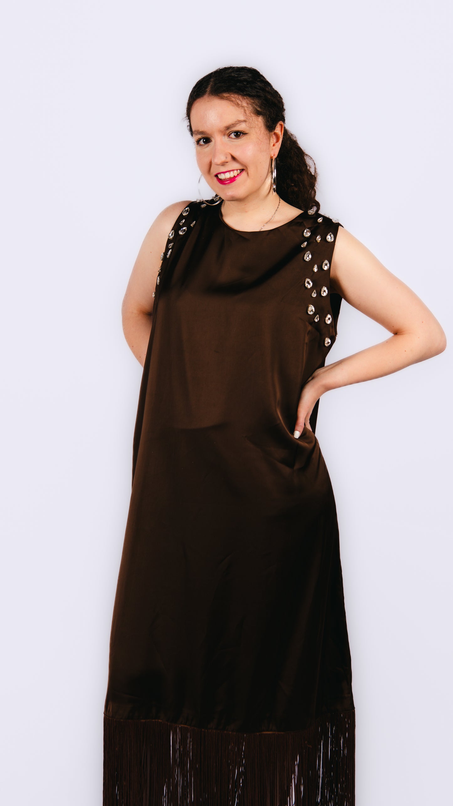 Hanameel brown maxi dress with fringe and rhinestone
