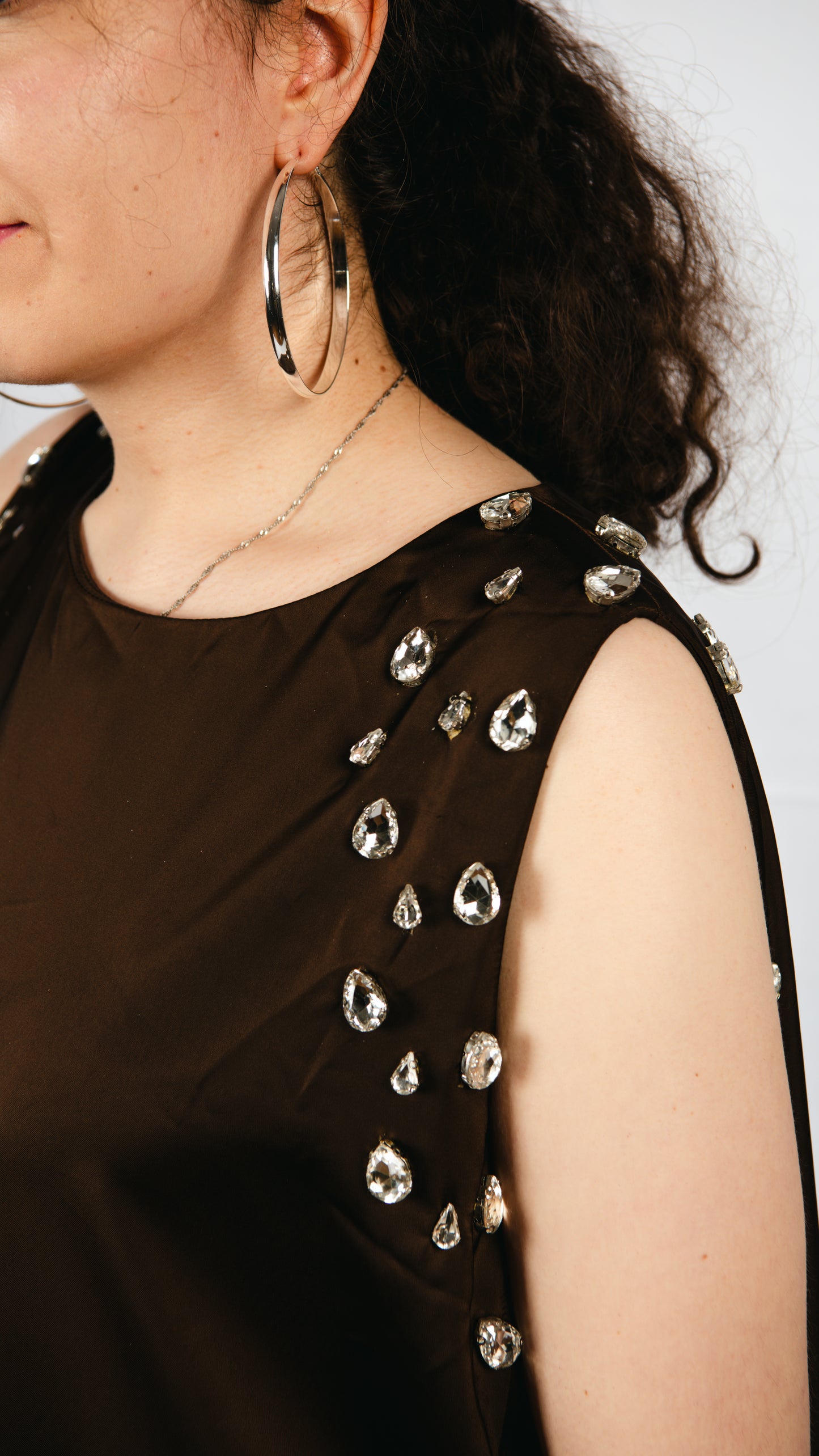 Hanameel brown maxi dress with fringe and rhinestone