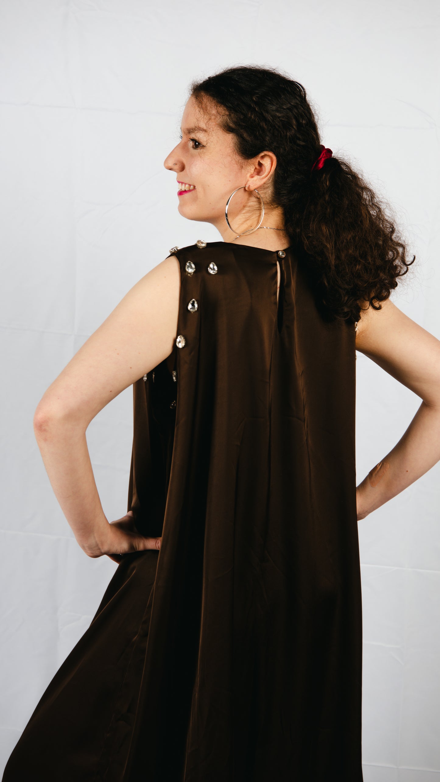 Hanameel brown maxi dress with fringe and rhinestone