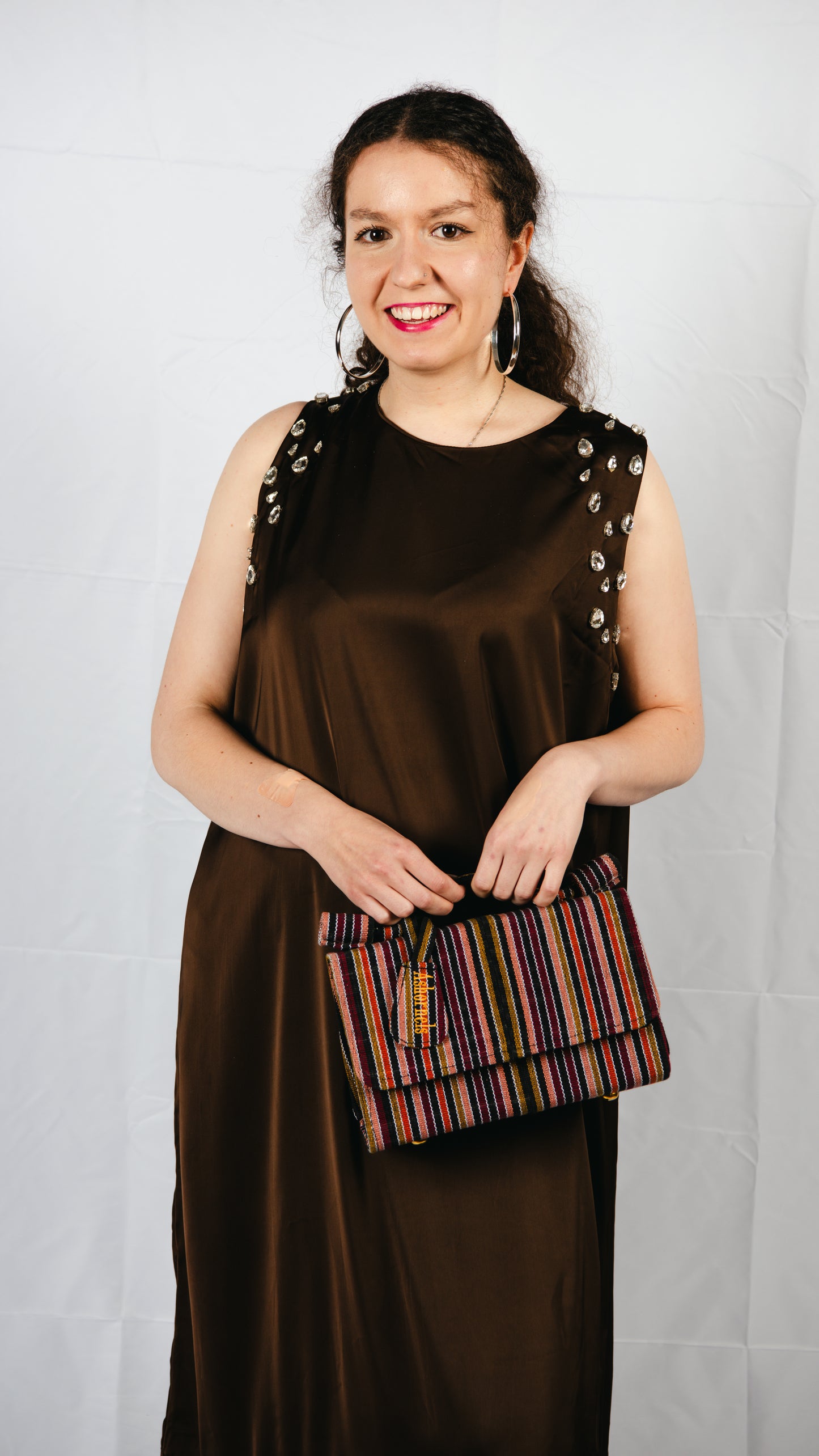 Hanameel brown maxi dress with fringe and rhinestone