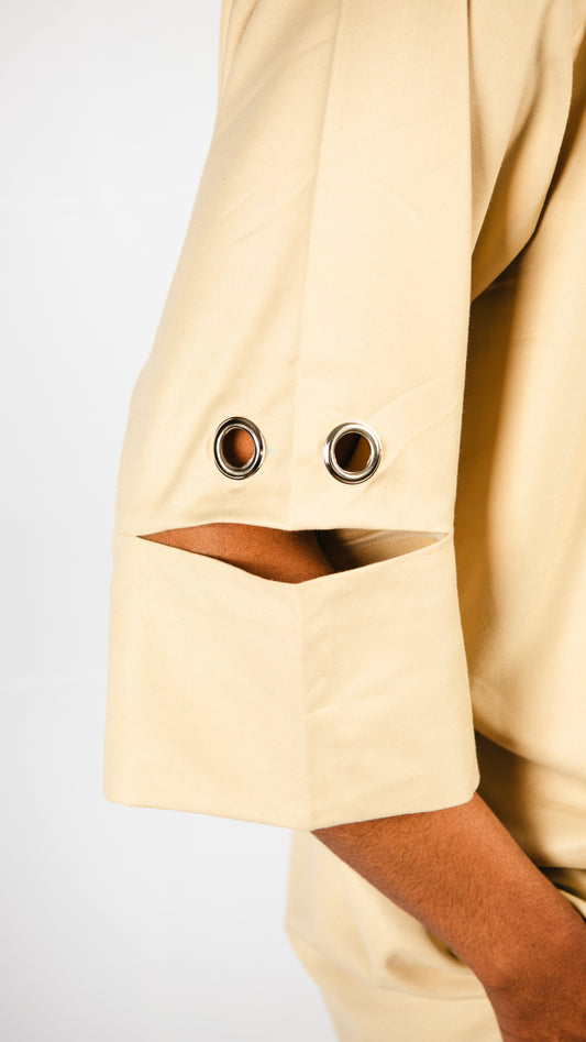 Manuél Beige 2 piece Trousers and Layered Top With Cut-out Sleeves