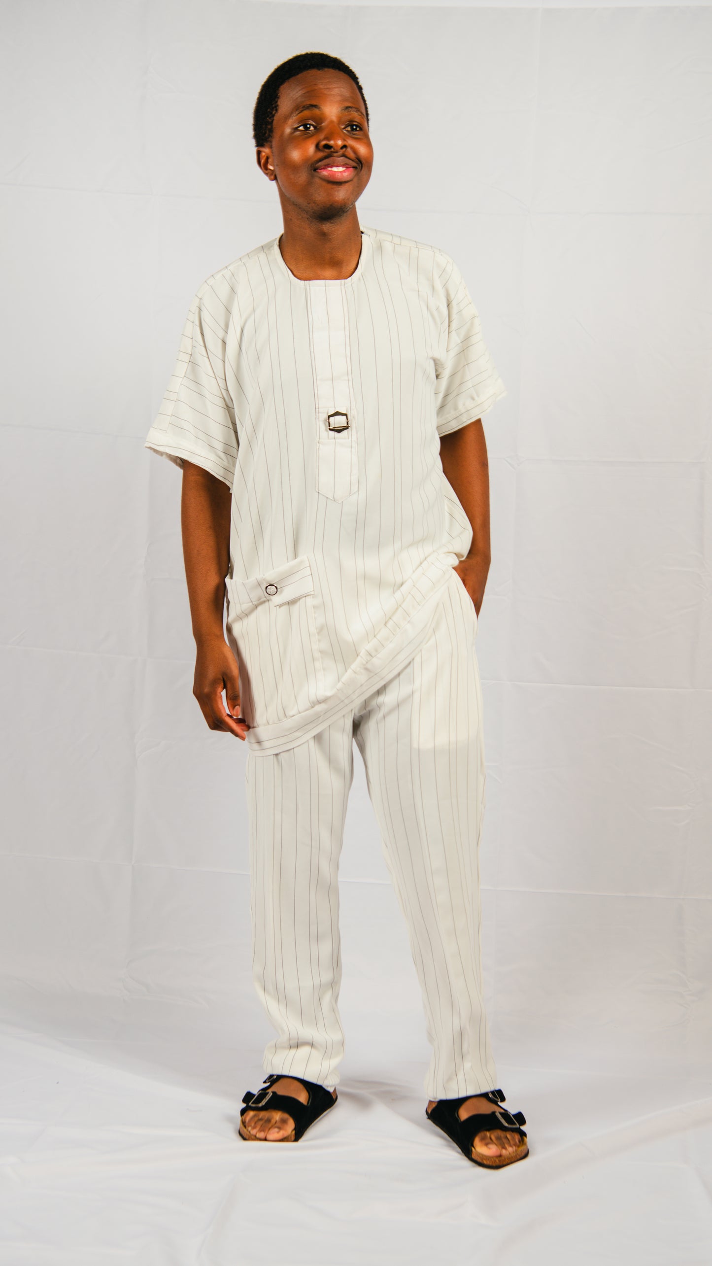 Yannick white/black stripped Trousers and Off shoulder Top