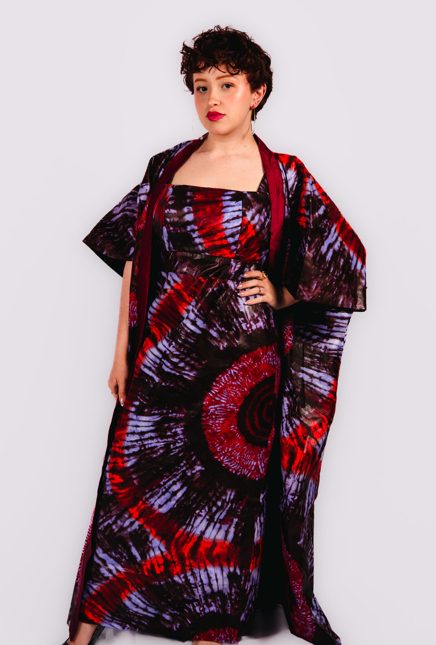 Anayah Red print Sleeveless Dress and Kimono