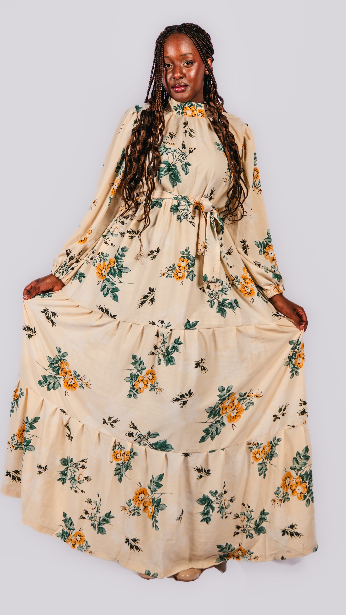 Selma Layered Flowered Maxi Dress With Belt