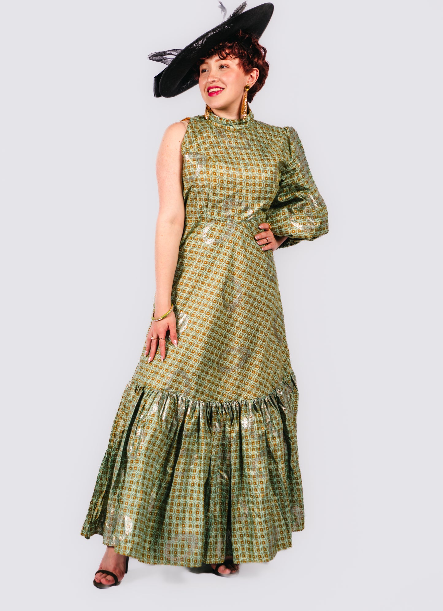 Azaryah Sage Green Patterned Maxi One Sleeve Dress