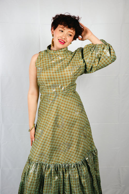 Azaryah Sage Green Patterned Maxi One Sleeve Dress