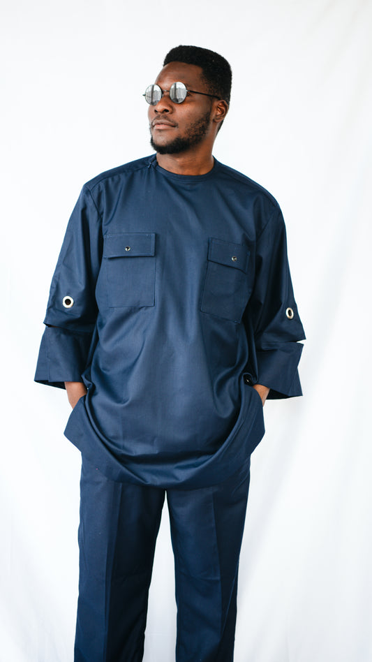 Manuél Beige 2 piece Trousers and Layered Top With Cut-out Sleeves- Navy Blue