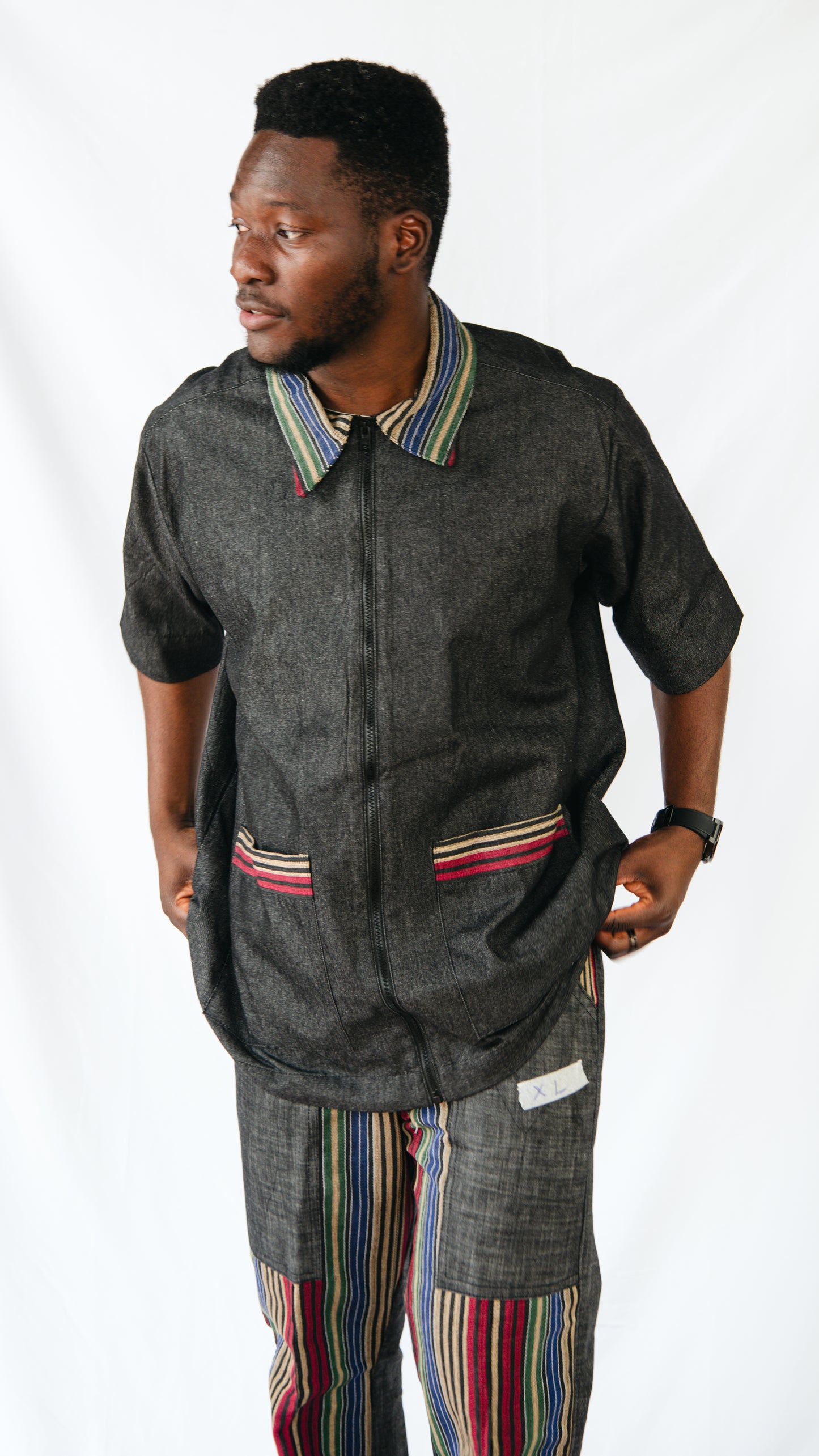 Vyomini 2 piece Set Of Dark Grey Denim Trousers And Collared Shirt