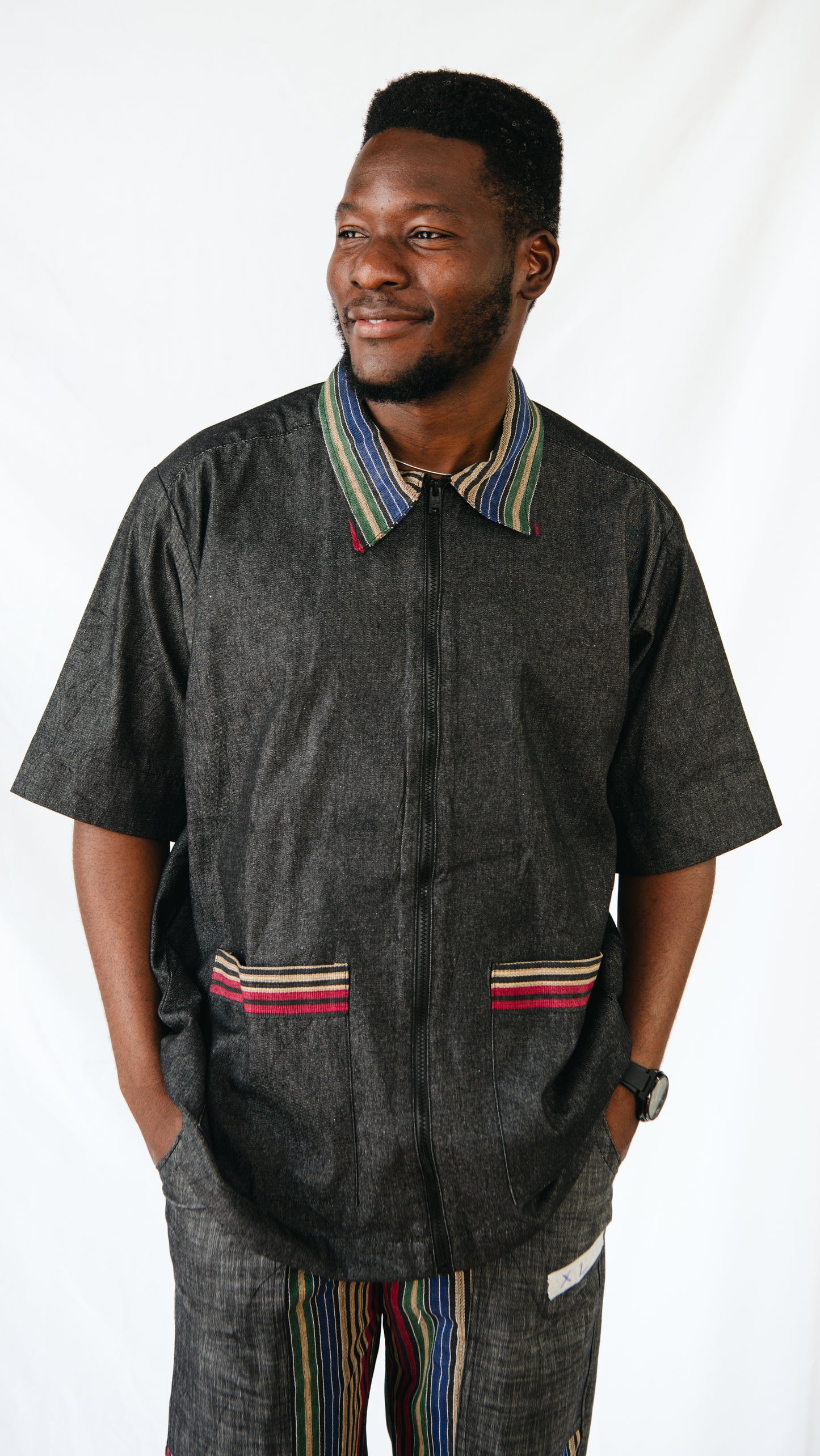 Vyomini 2 piece Set Of Dark Grey Denim Trousers And Collared Shirt