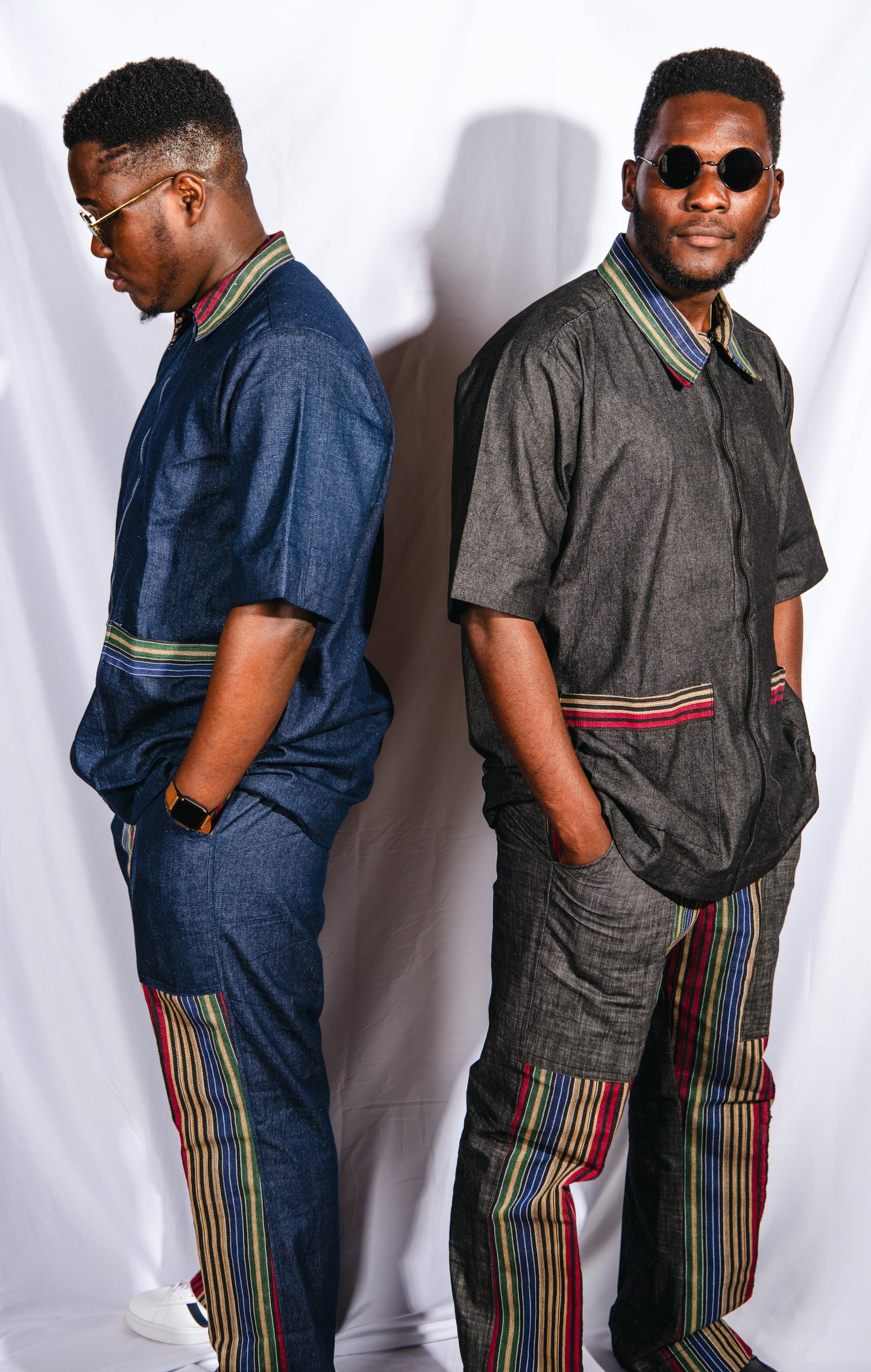 Vyomini 2 piece set- Denim Trousers And Collared Shirt With Aso-oke