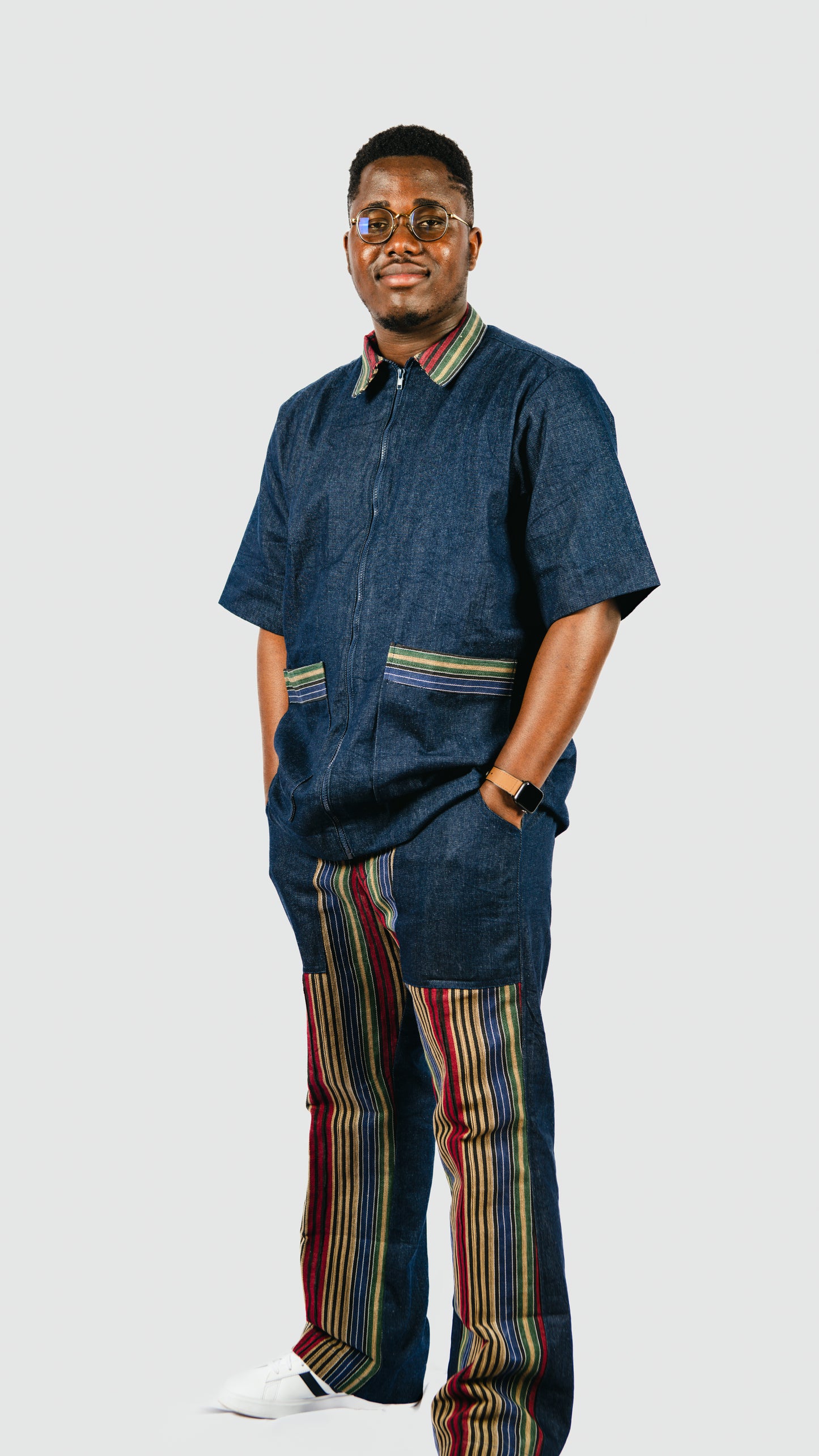 Vyomini 2 piece set- Denim Trousers And Collared Shirt With Aso-oke