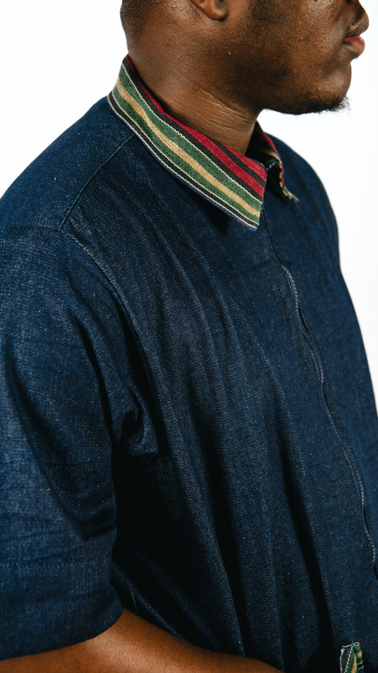 Vyomini 2 piece set- Denim Trousers And Collared Shirt With Aso-oke