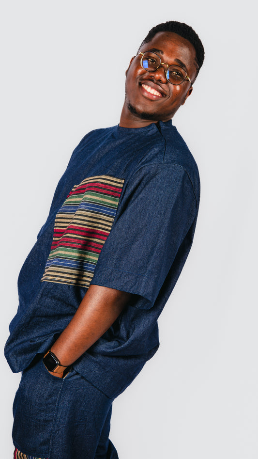 Mabila 2 Piece Asooke Trousers and Oversized Denim Top With Asooke Fabric Pocket