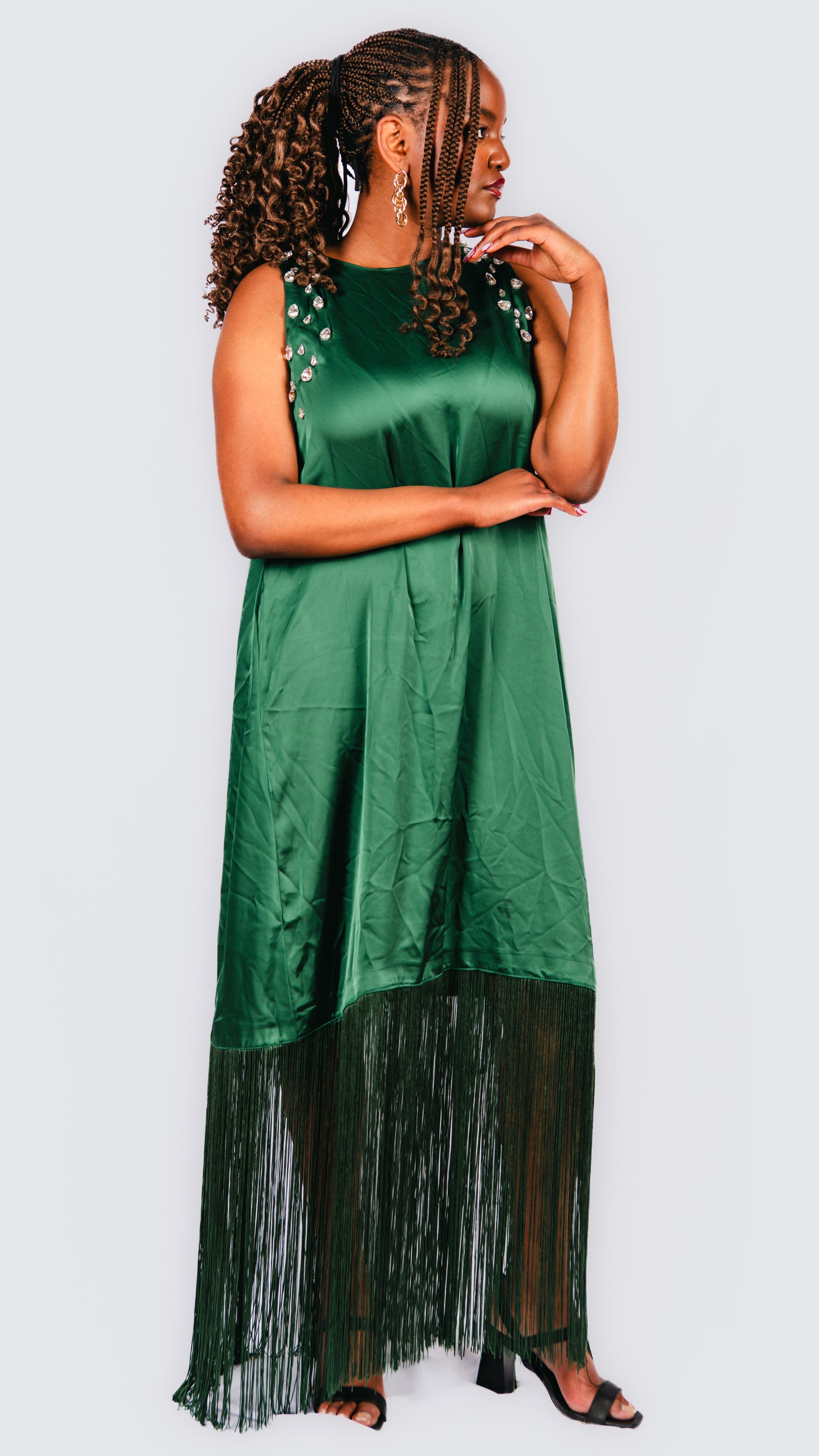 Hanameel Emerald Gree Maxi Dress With Fringe And Rhinestones