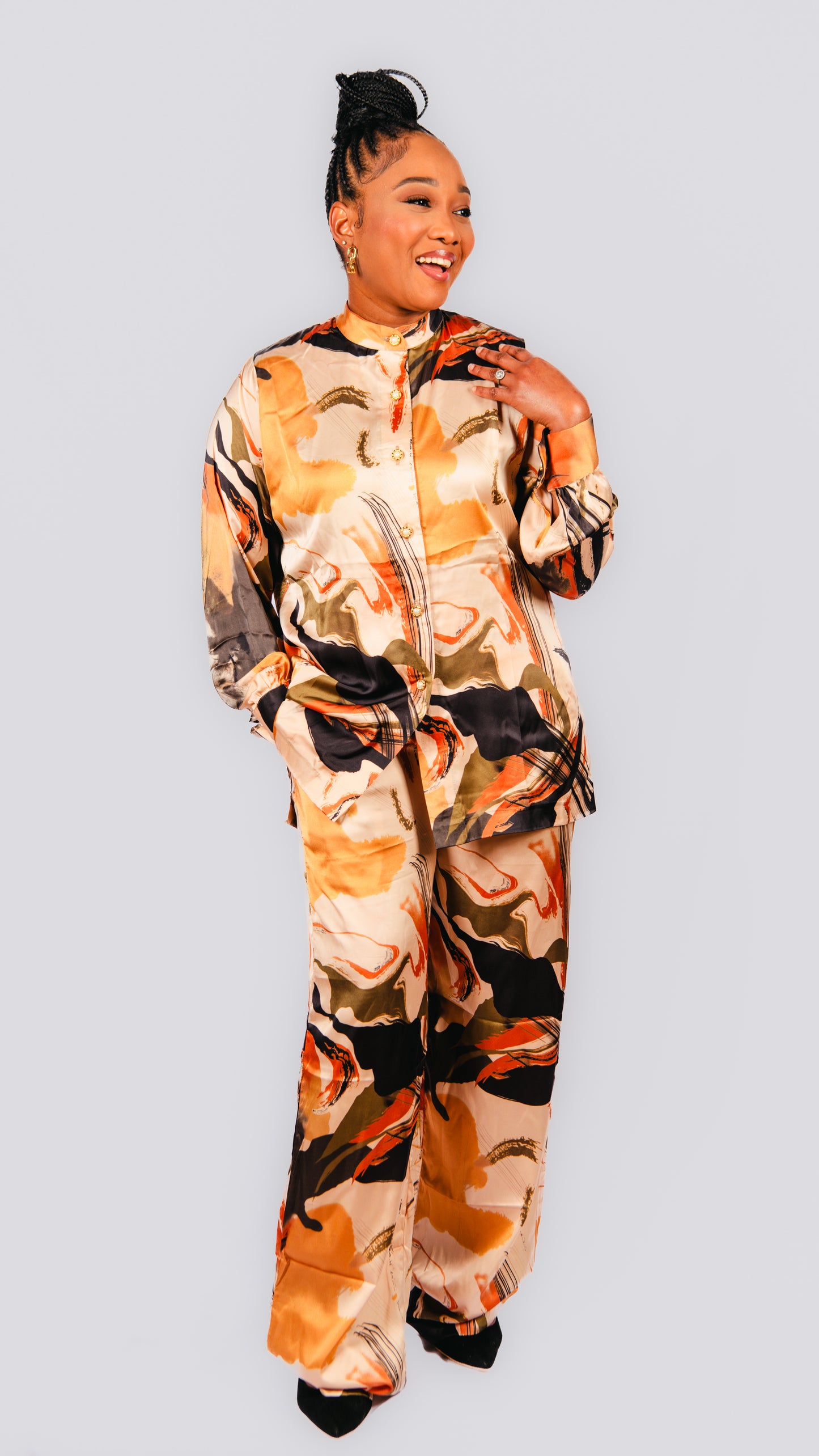 Thabisa 2 Piece Geometric Beige and Brown Patterned Trousers and Shirt