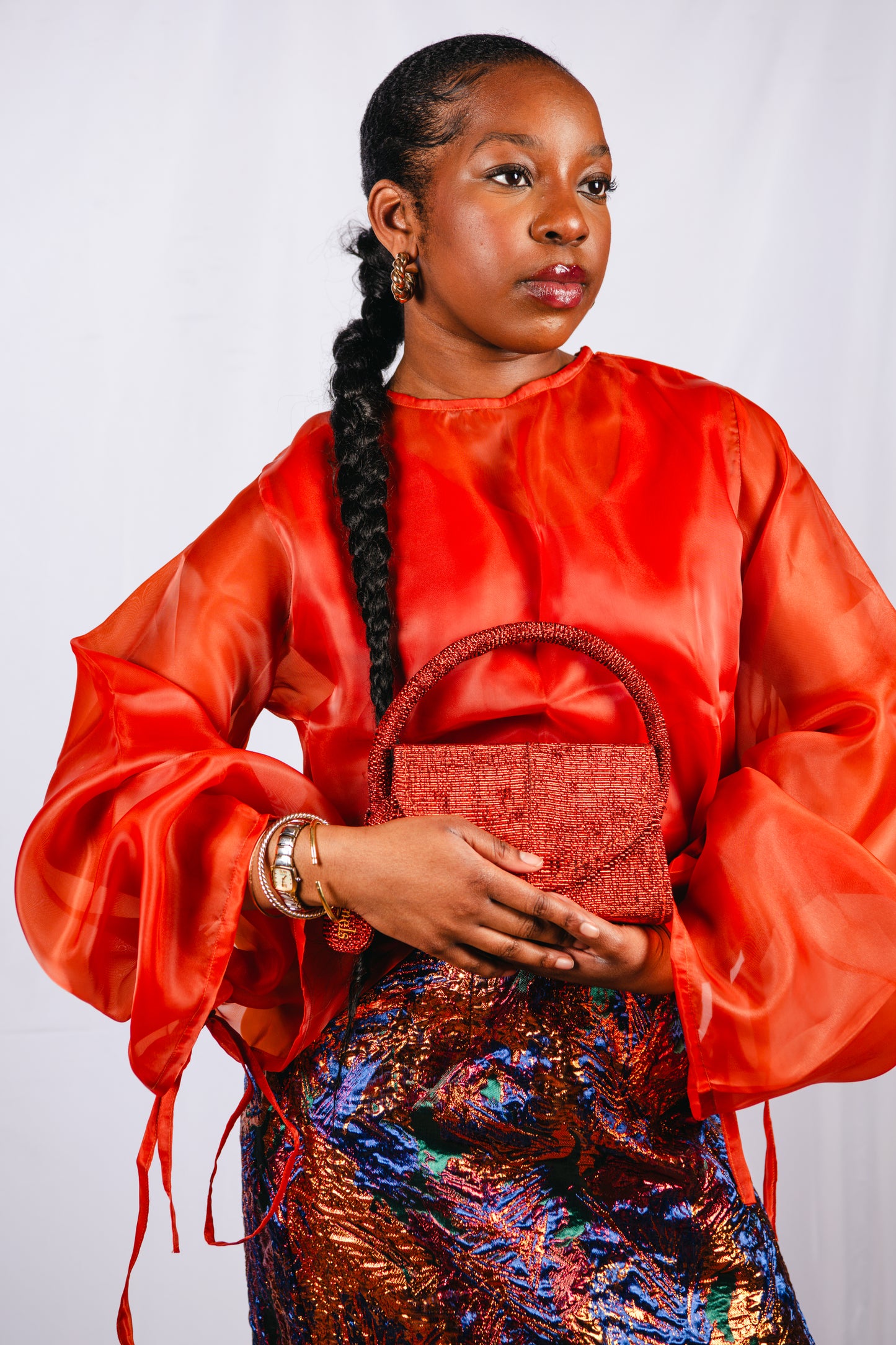 Drusilla 3 Piece Multicolour Damask Maxi Straight Skirt With Inner And Organdy Batwing Sleeves