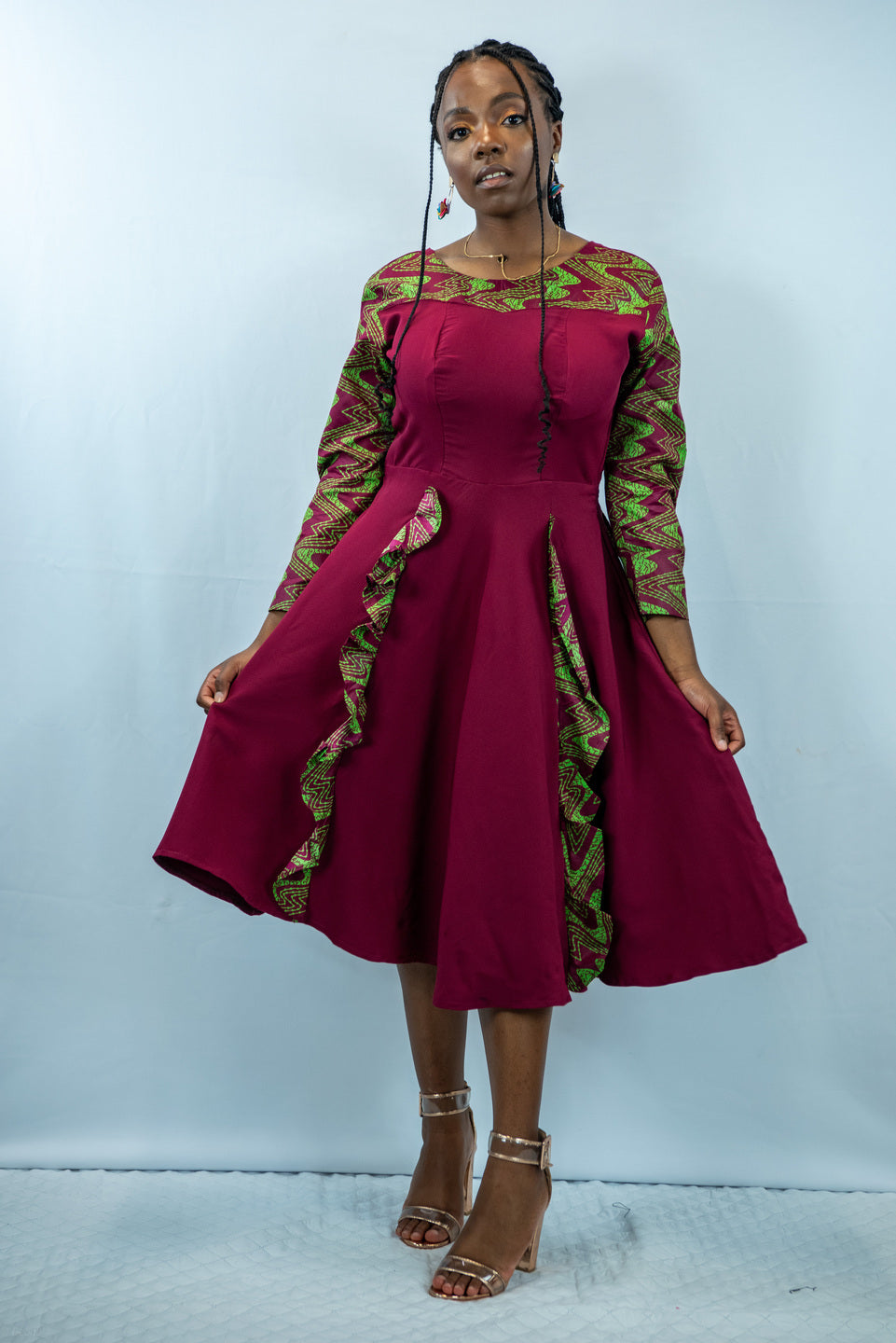 Enitan Wine and Green Patterned Midi Dres