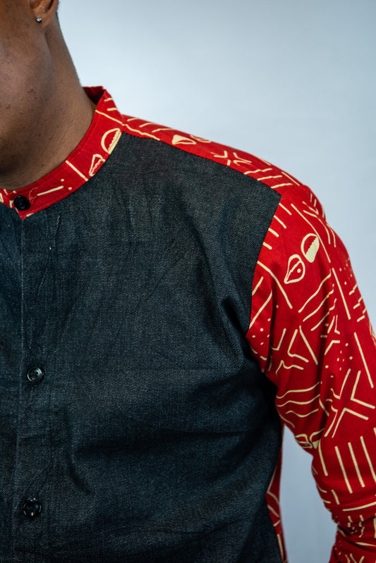 Imisi-A Long Sleeve Grand-dad Collared Shirt with Plain Black Frontal