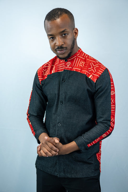 Imisi-b Long Sleeve Shoulder Print with Grand-dad Collared Shirt