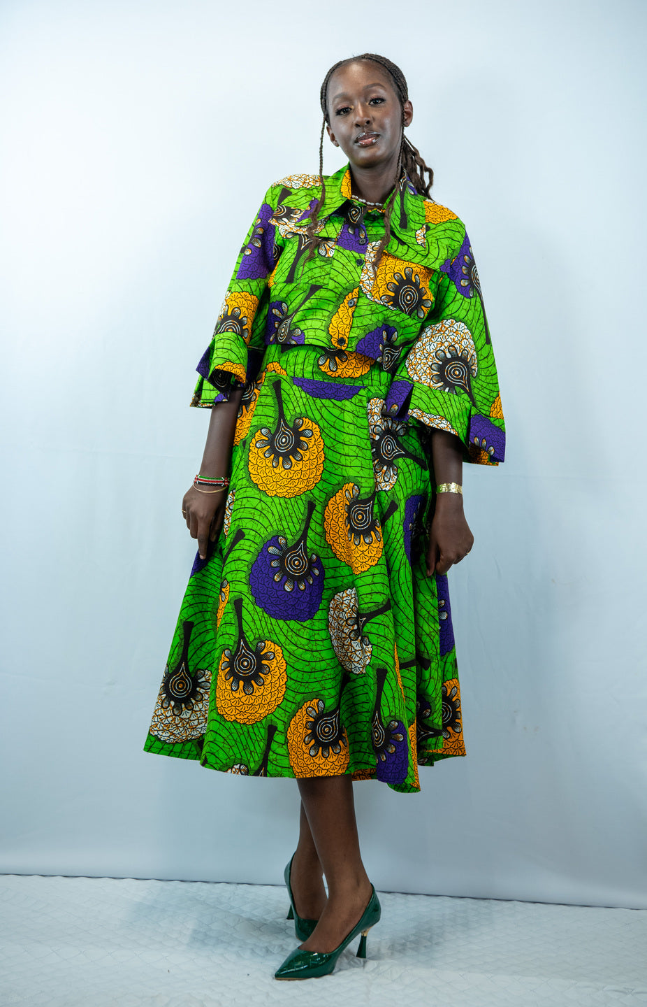 Keziah green Midi Flared Skirt and Cropped Shirt