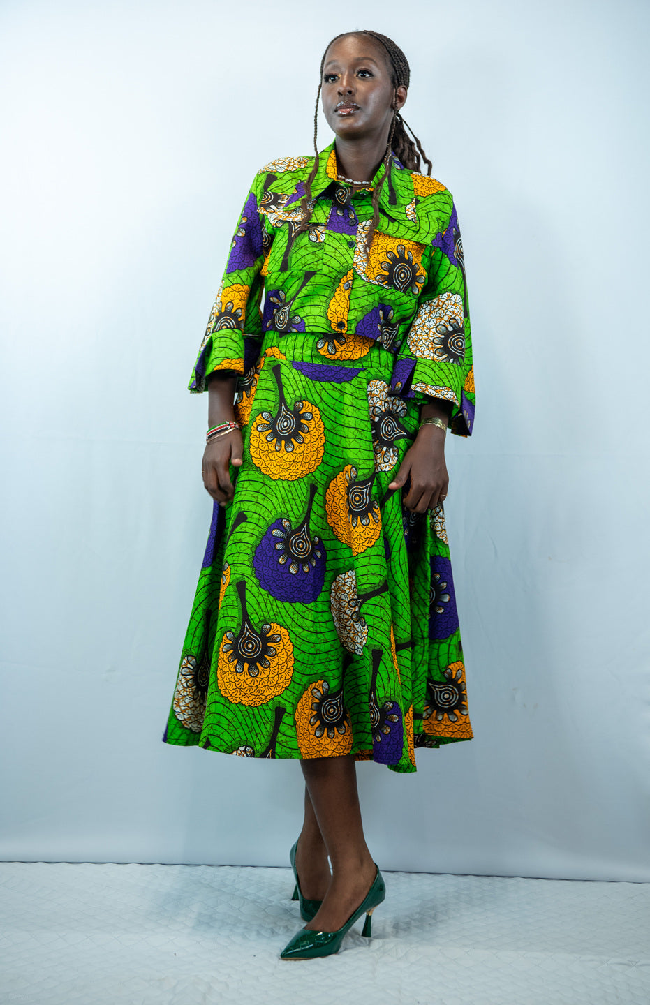 Keziah green Midi Flared Skirt and Cropped Shirt