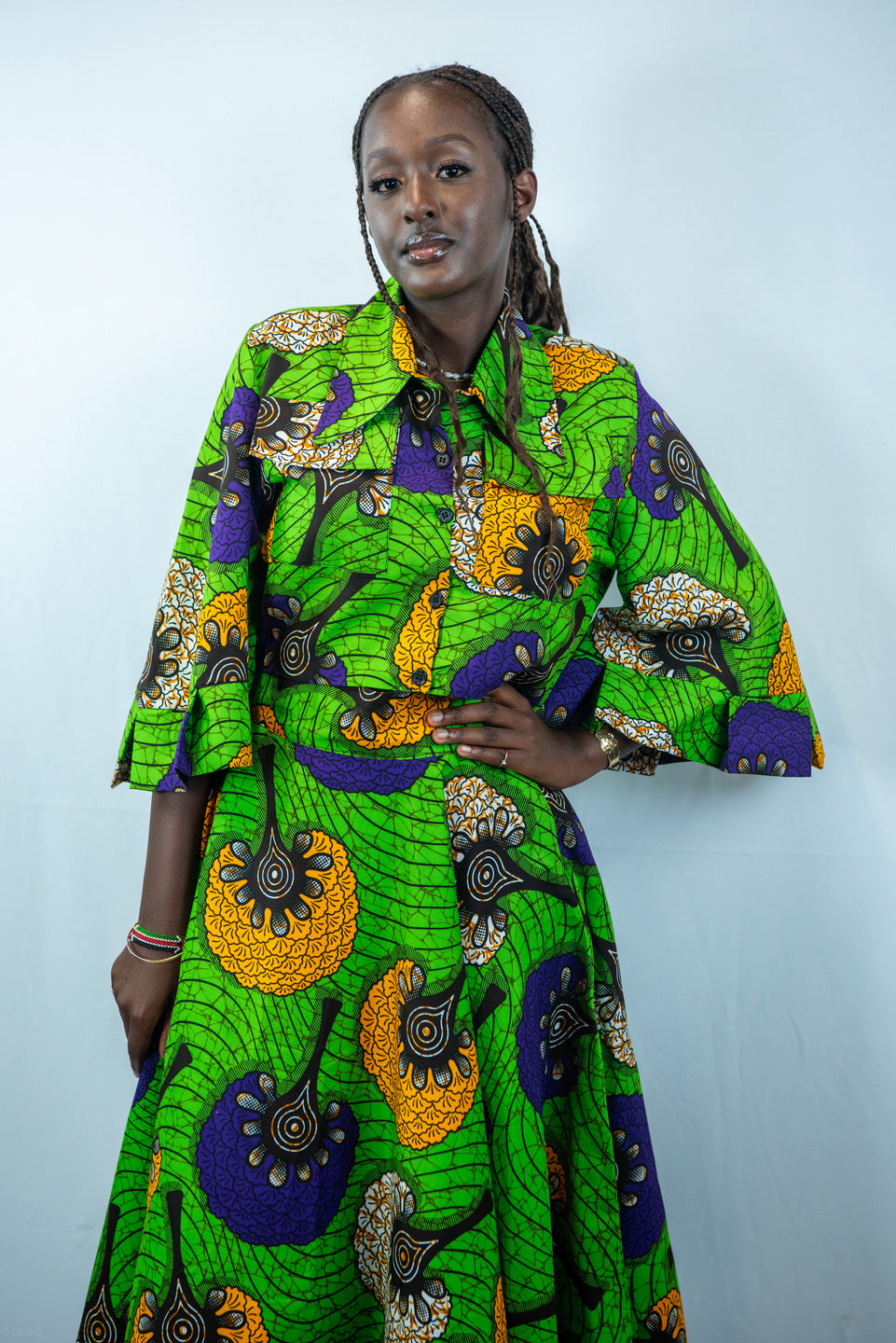 Keziah green Midi Flared Skirt and Cropped Shirt