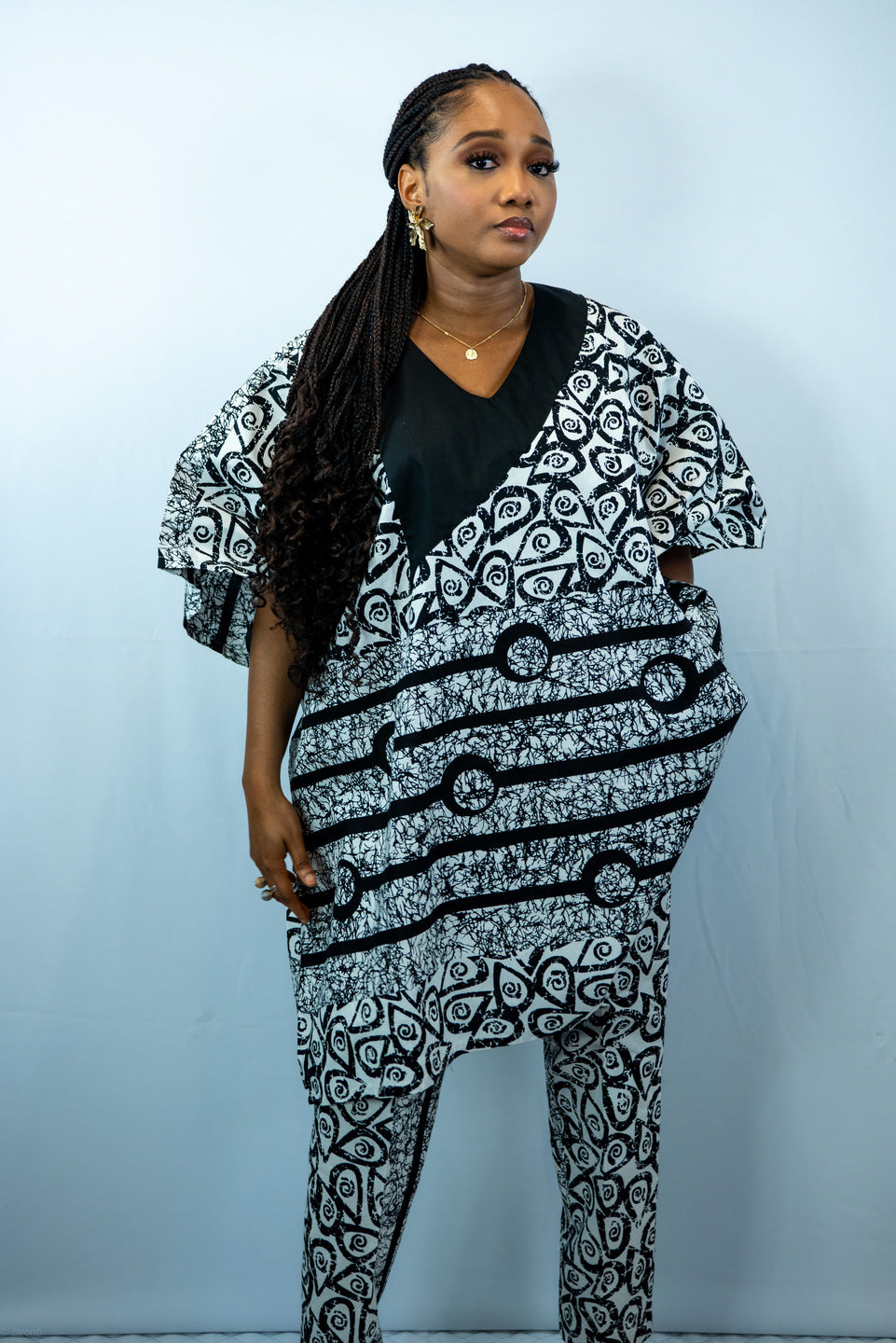 Tafari Black and White print Dansiki Oversized Off Shoulder Shirt and Straight Leg Trouser