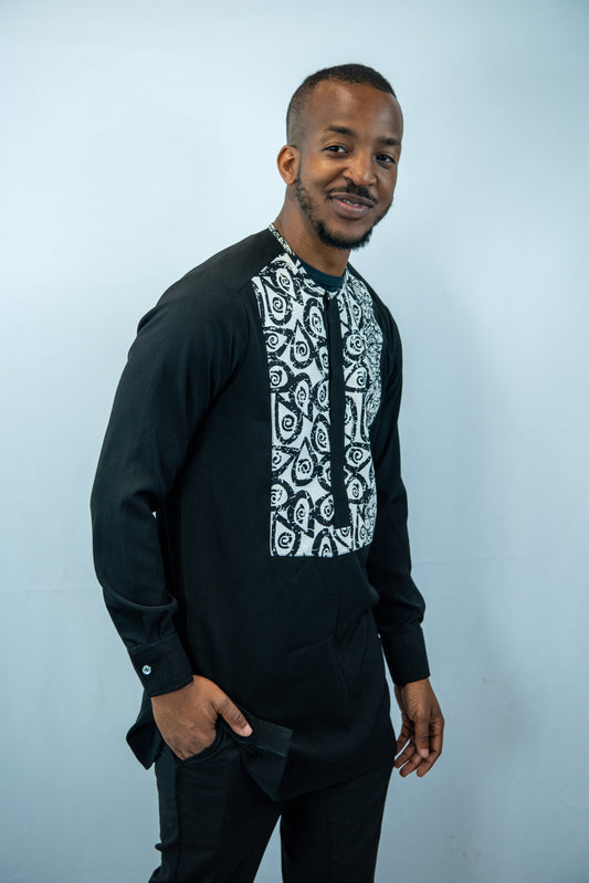 Tafari Crew Neck, Long Sleeve, Black and White Print Shirt