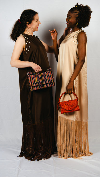 Hanameel beige maxi dress with fringe and rhinestones