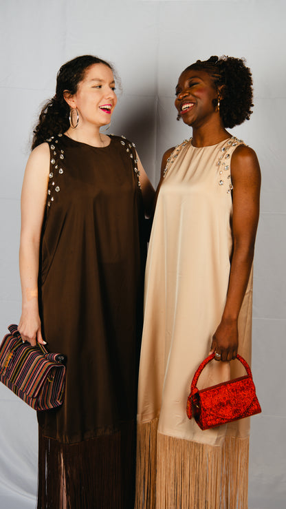 Hanameel beige maxi dress with fringe and rhinestones