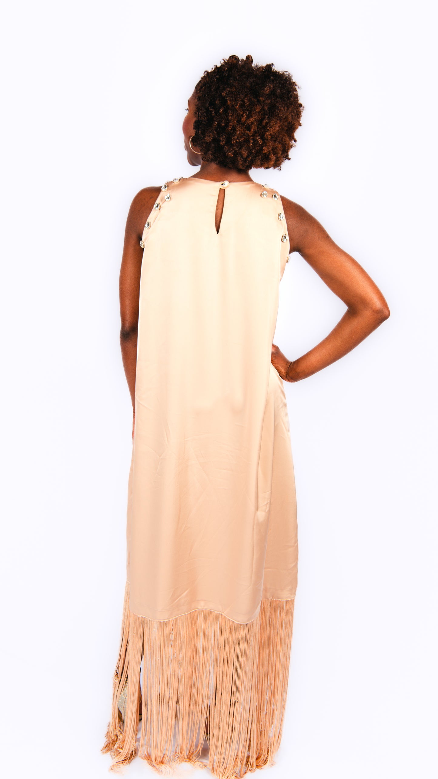 Hanameel beige maxi dress with fringe and rhinestones