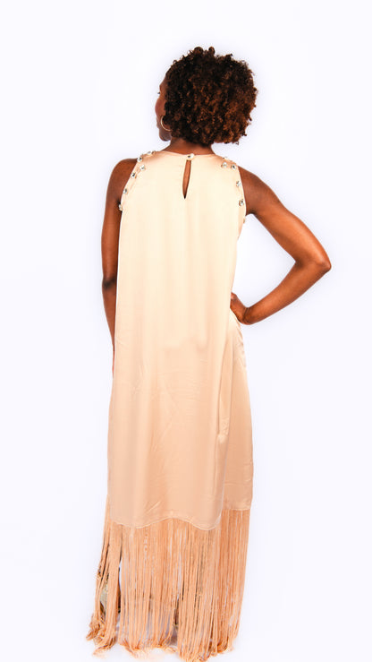 Hanameel beige maxi dress with fringe and rhinestones