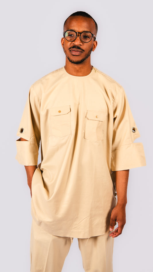 Manuél Beige 2 piece Trousers and Layered Top With Cut-out Sleeves
