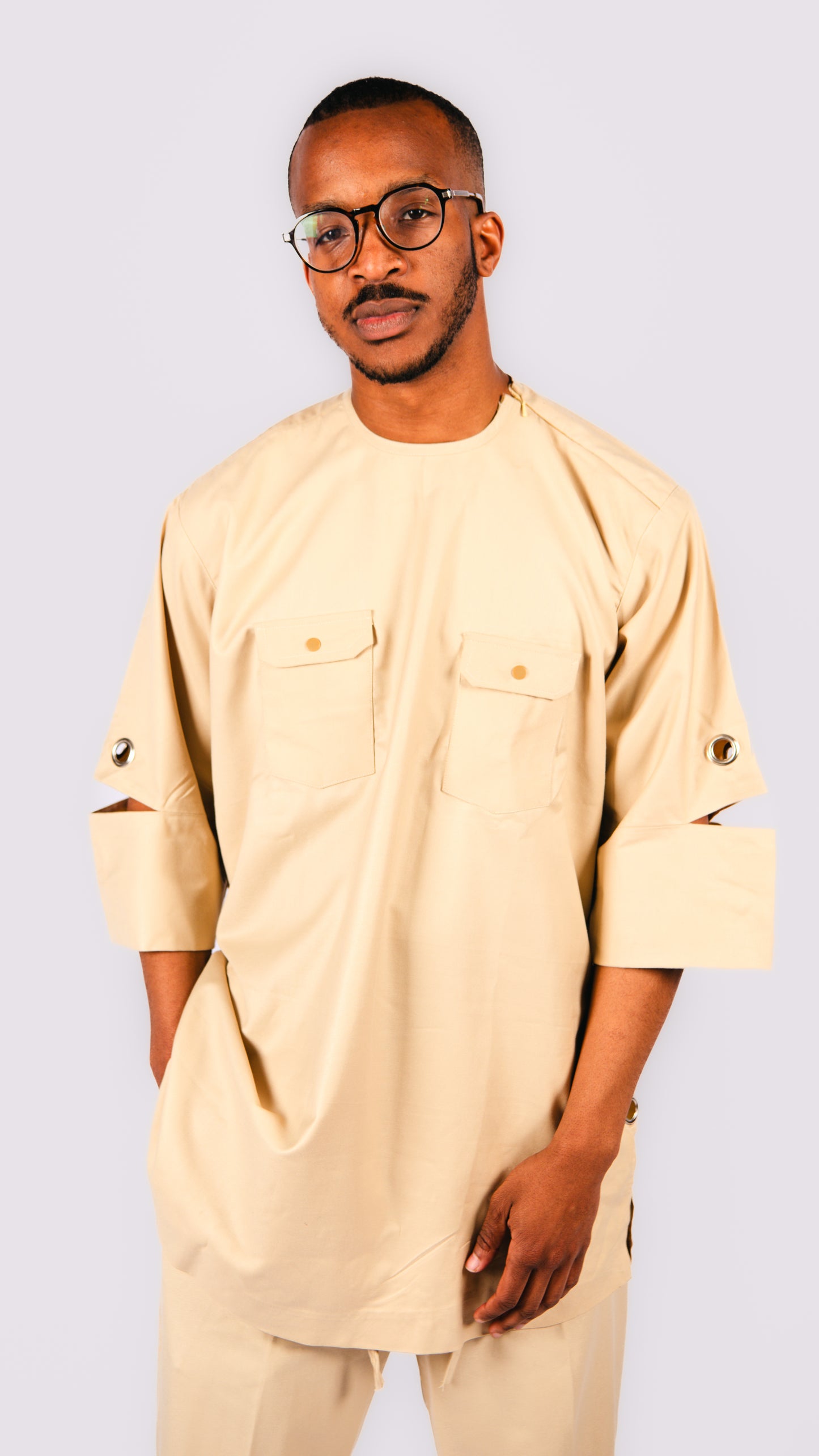 Manuél Beige 2 piece Trousers and Layered Top With Cut-out Sleeves