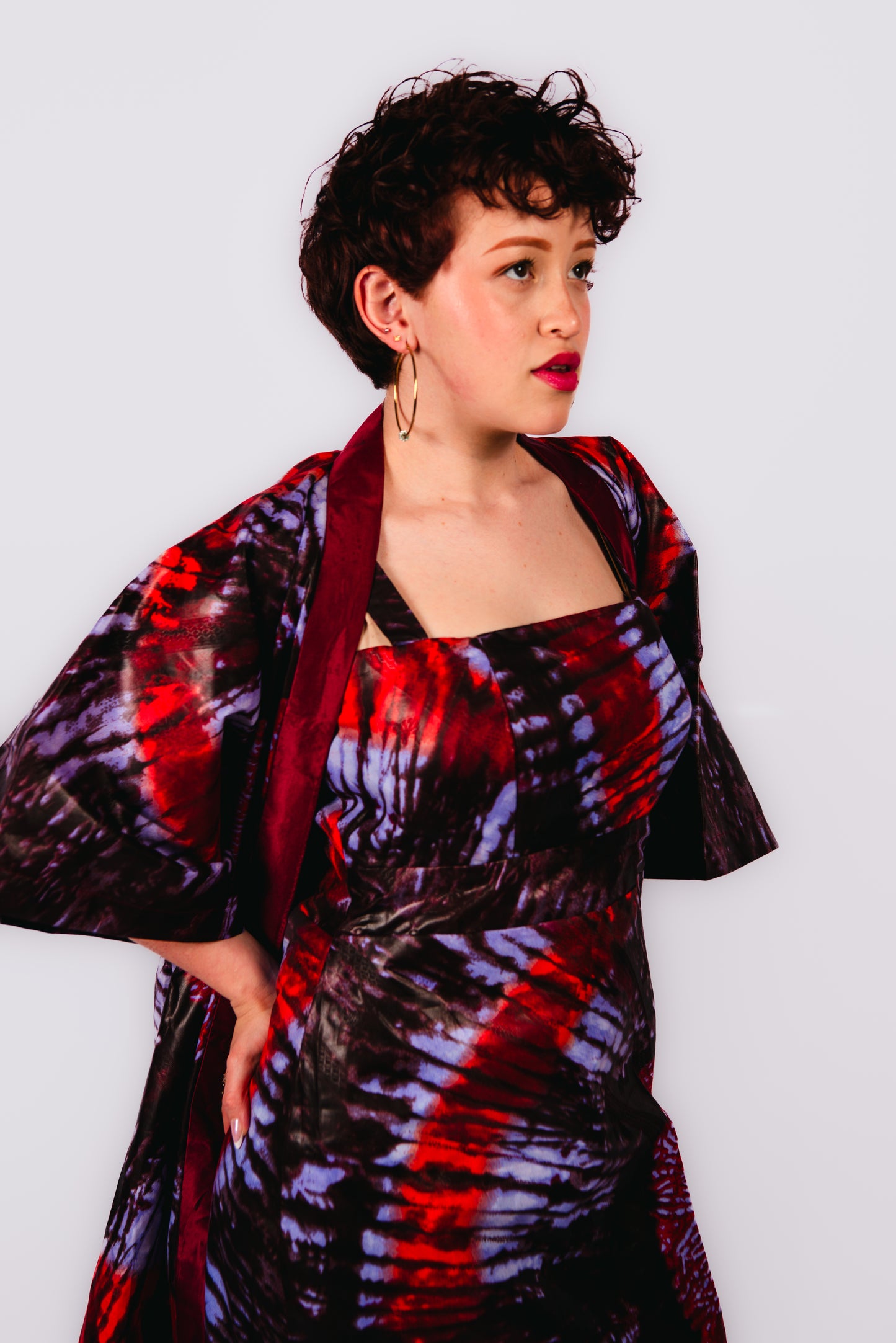 Anayah Red print Sleeveless Dress and Kimono