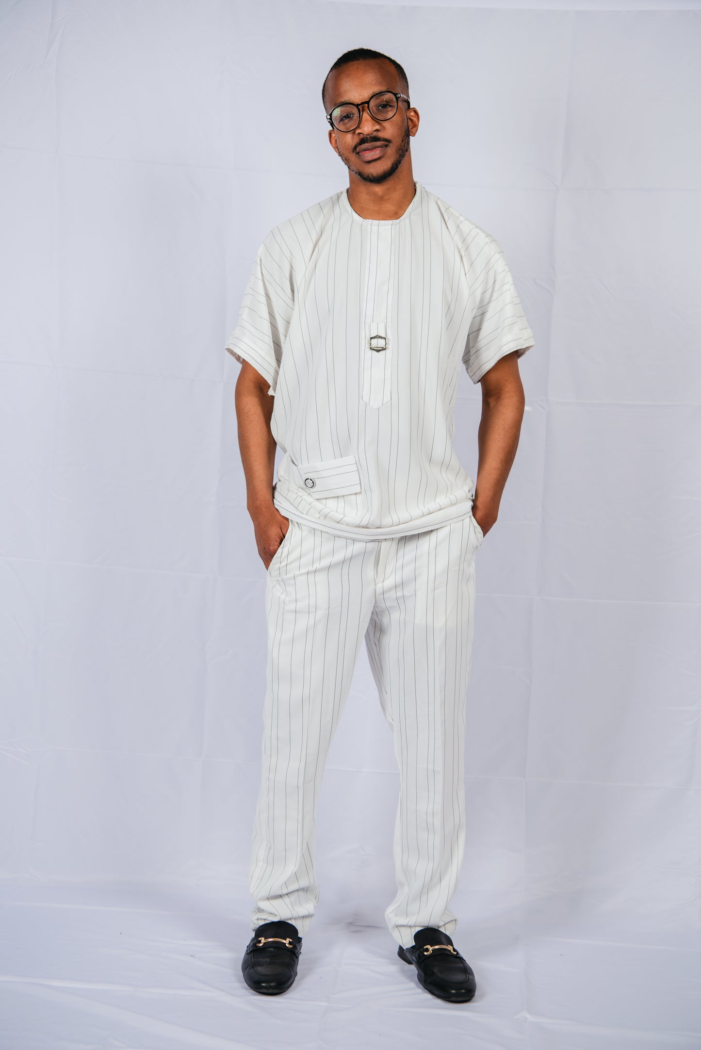 Yannick white/black stripped Trousers and Off shoulder Top