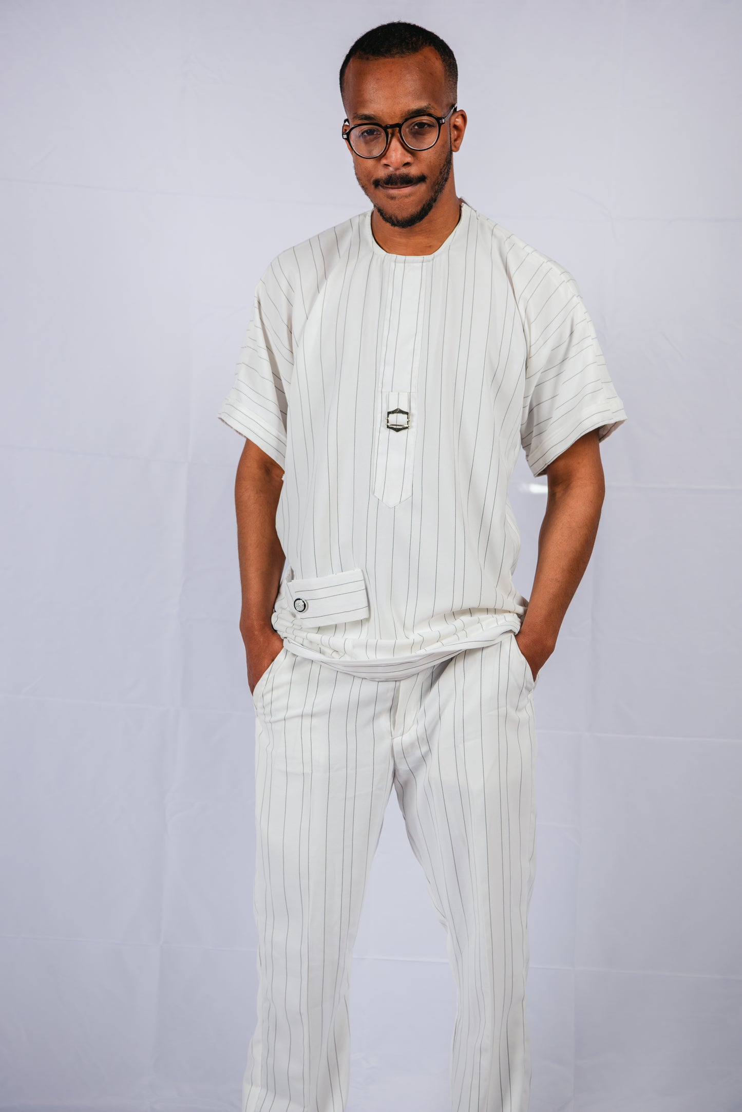 Yannick white/black stripped Trousers and Off shoulder Top