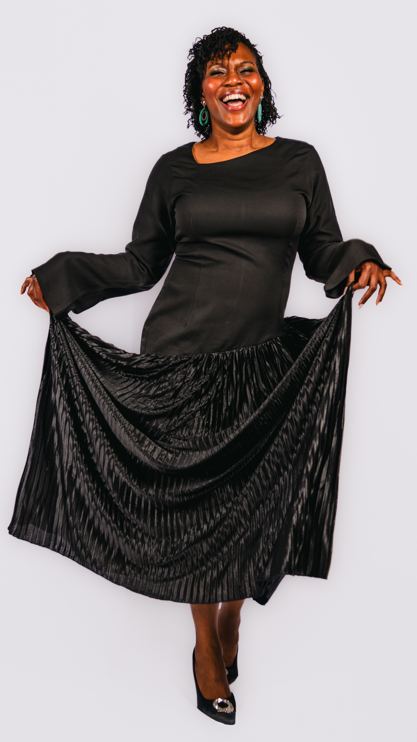 Nasya Pleated Black Maxi dress with Asymmetrical Neck Shape