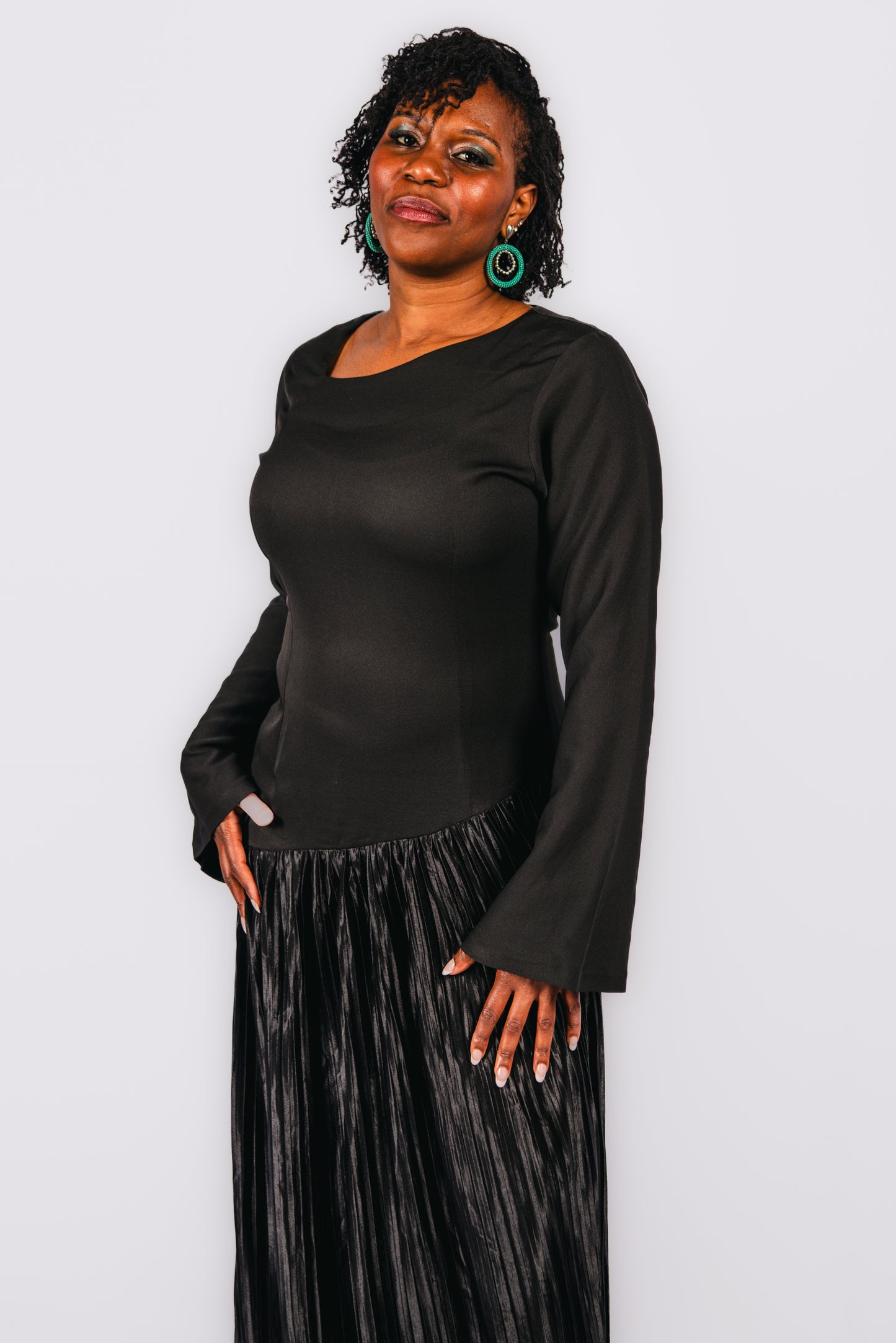 Nasya Pleated Black Maxi dress with Asymmetrical Neck Shape