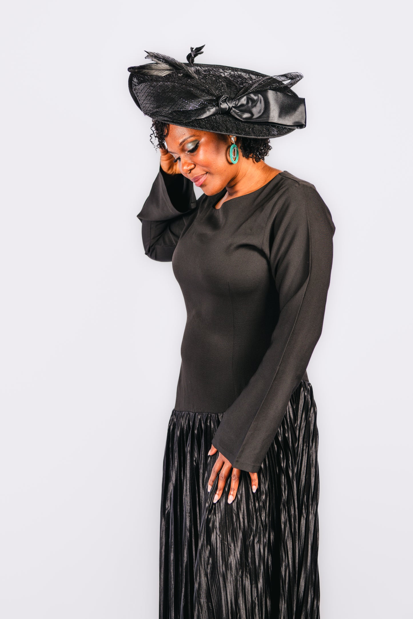 Nasya Pleated Black Maxi dress with Asymmetrical Neck Shape