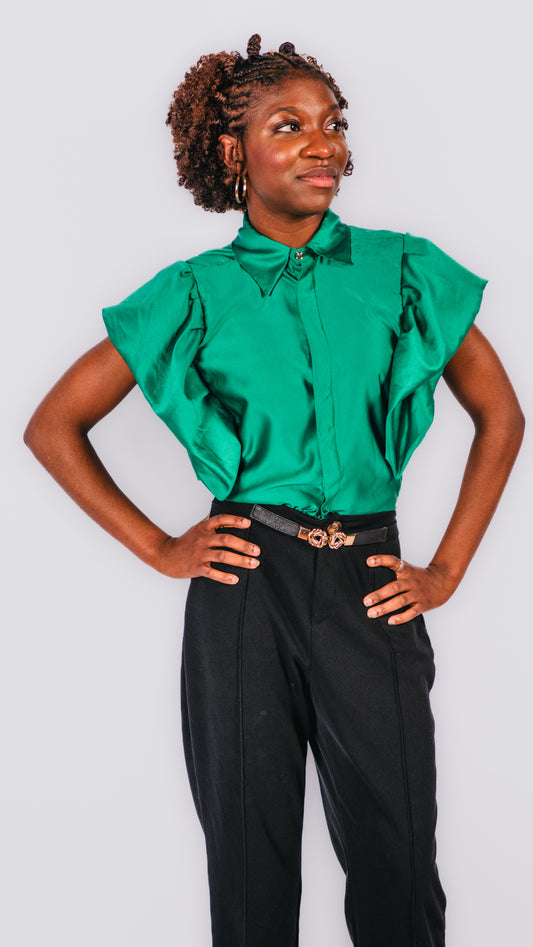 Tiara Ruffled Sleeves Shirt- Green