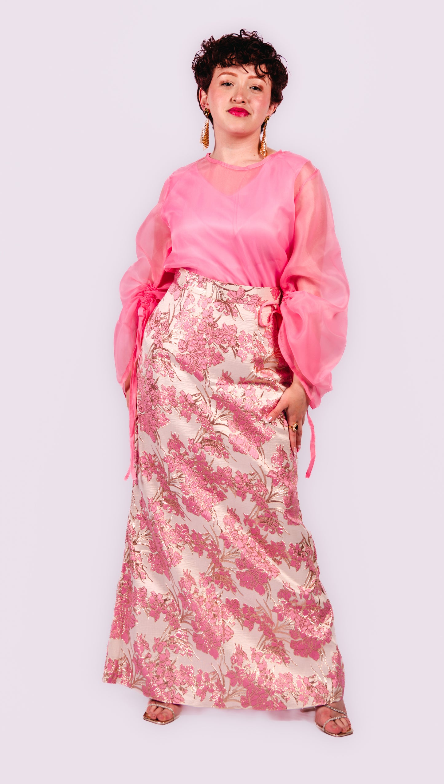 Drusilla 3 Piece Damask Straight Leg Maxi Skirt with Inner Top And Organdy Batwing Sleeves Top