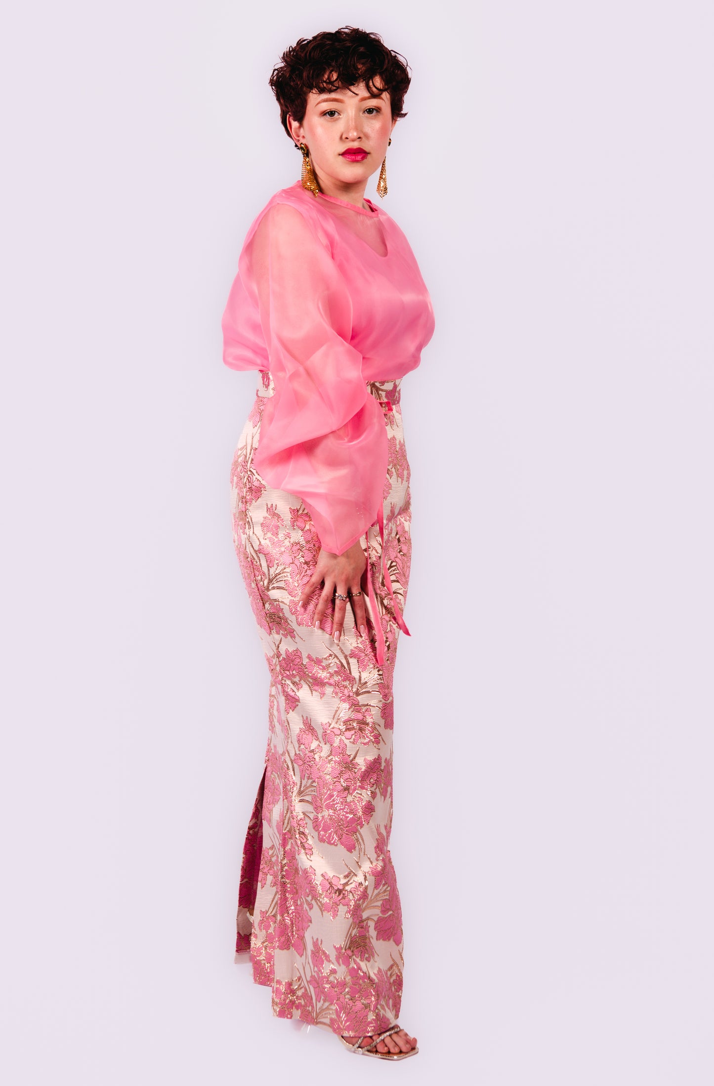 Drusilla 3 Piece Damask Straight Leg Maxi Skirt with Inner Top And Organdy Batwing Sleeves Top