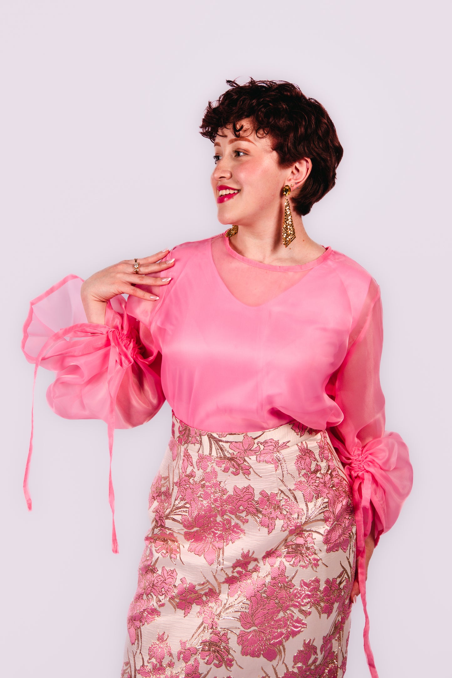 Drusilla 3 Piece Damask Straight Leg Maxi Skirt with Inner Top And Organdy Batwing Sleeves Top
