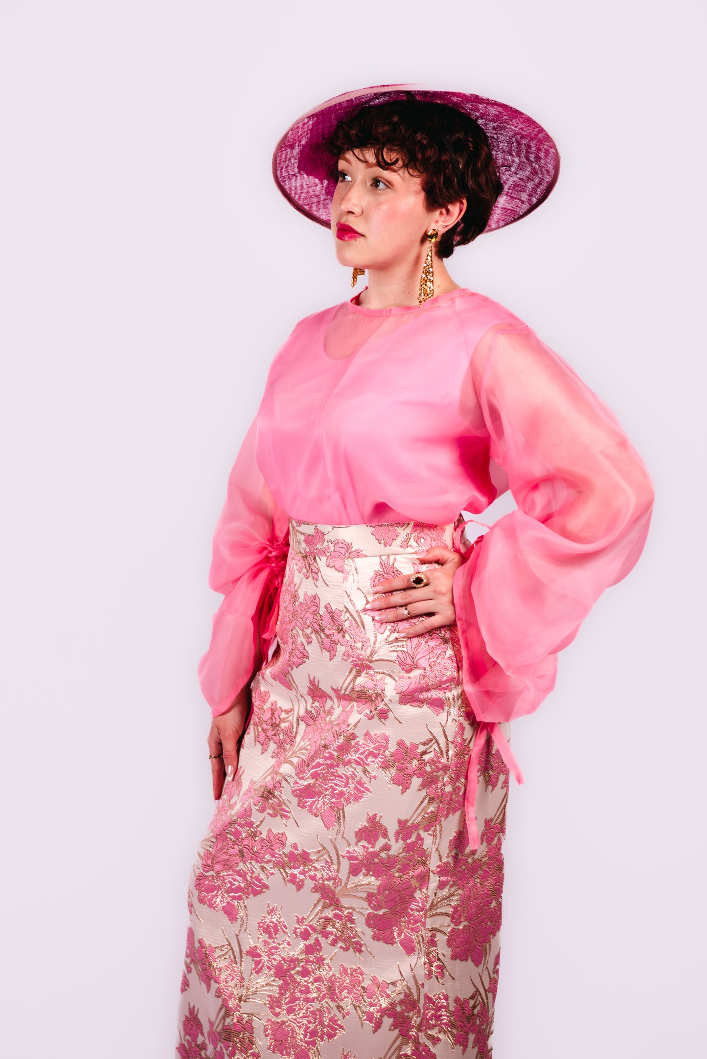 Drusilla 3 Piece Damask Straight Leg Maxi Skirt with Inner Top And Organdy Batwing Sleeves Top