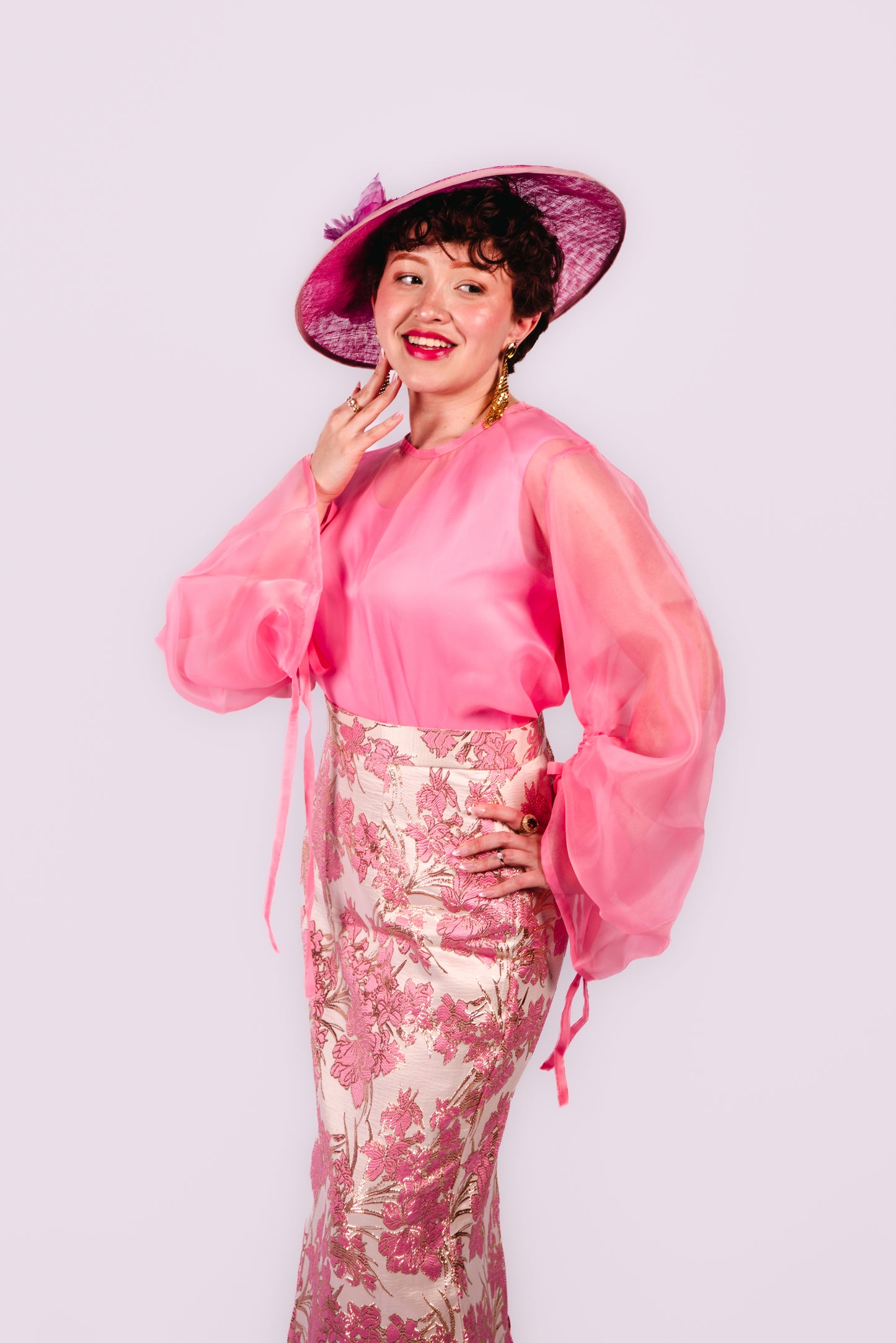Drusilla 3 Piece Damask Straight Leg Maxi Skirt with Inner Top And Organdy Batwing Sleeves Top