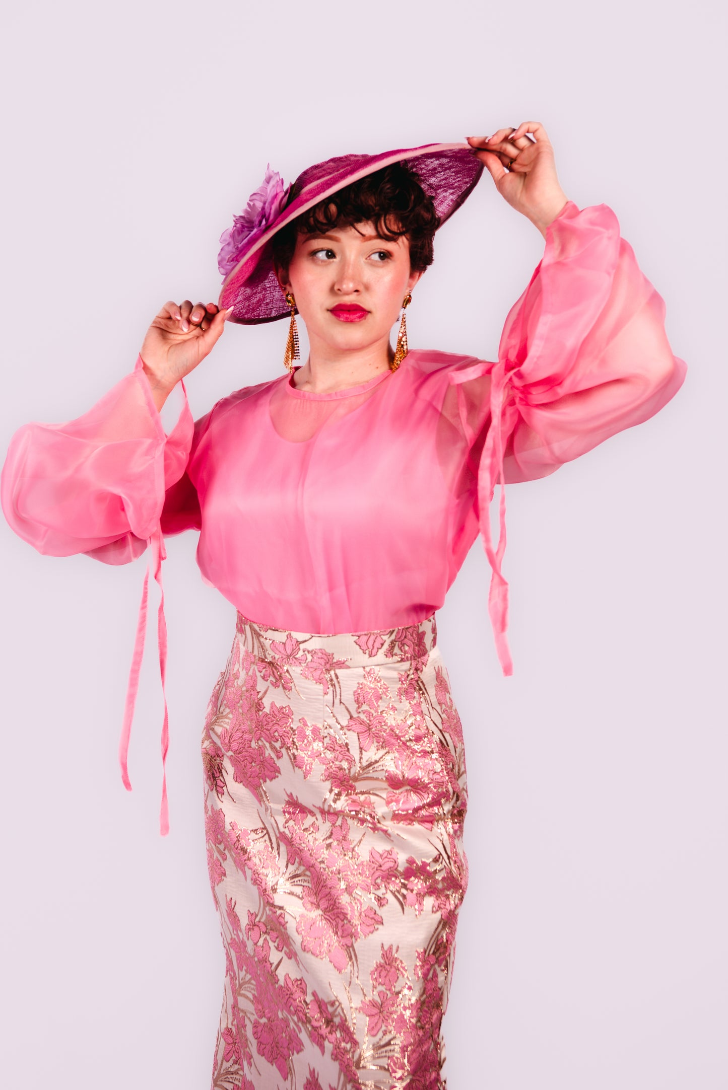 Drusilla 3 Piece Damask Straight Leg Maxi Skirt with Inner Top And Organdy Batwing Sleeves Top