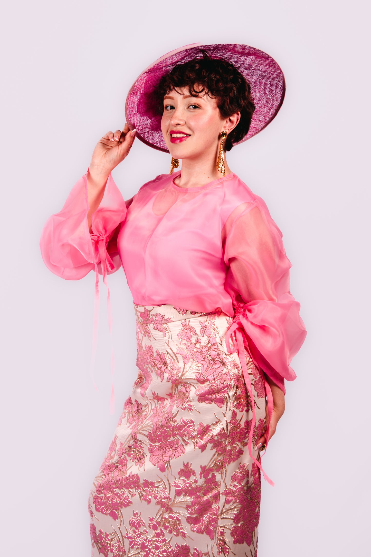 Drusilla 3 Piece Damask Straight Leg Maxi Skirt with Inner Top And Organdy Batwing Sleeves Top