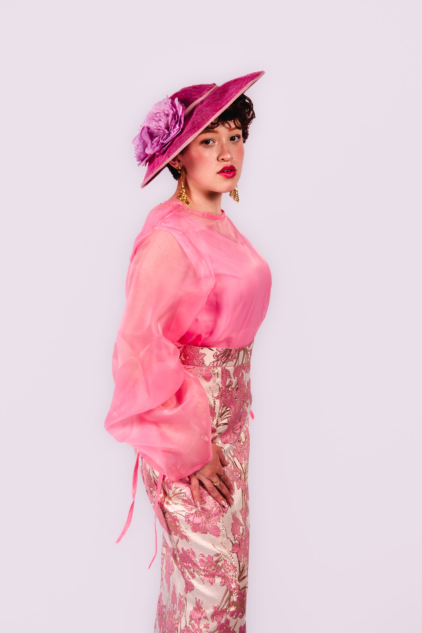 Drusilla 3 Piece Damask Straight Leg Maxi Skirt with Inner Top And Organdy Batwing Sleeves Top